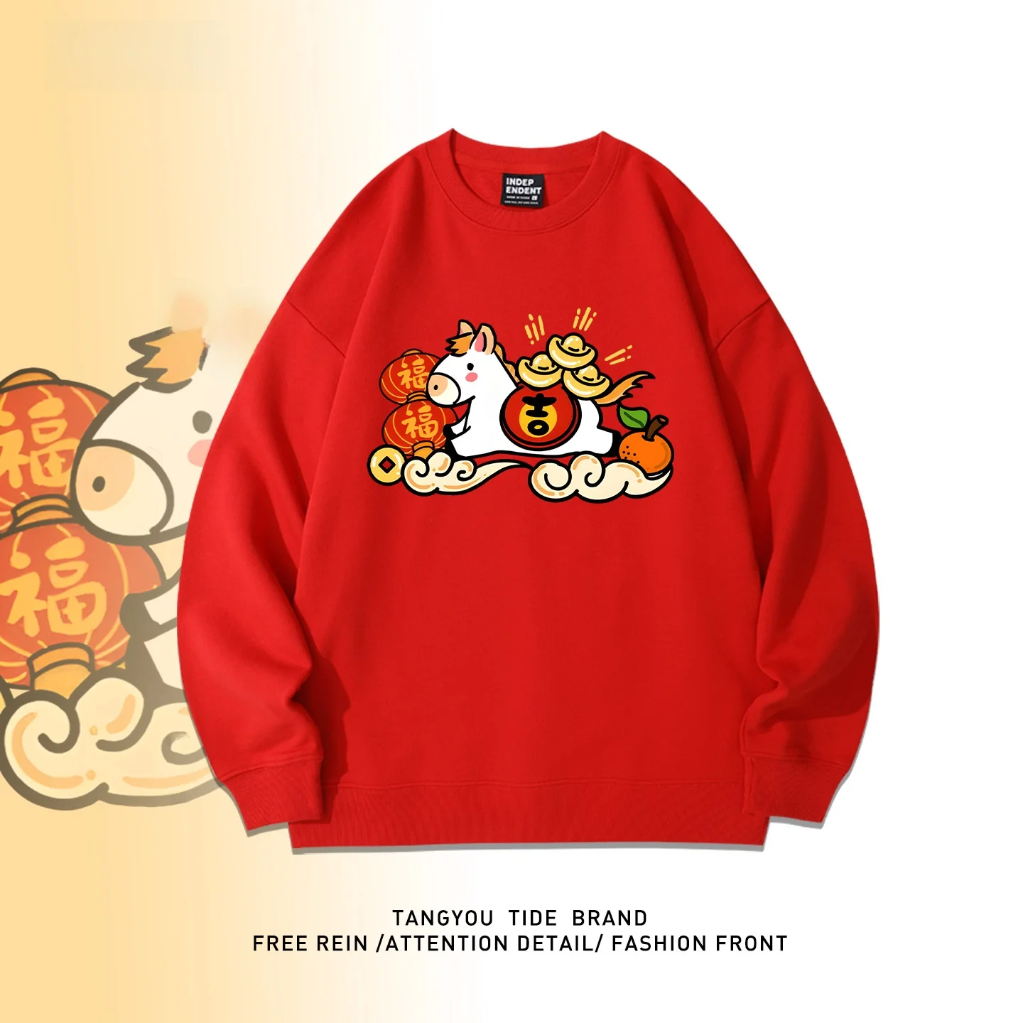 

Red round Ne Oversized Fce Hoodie Men's 2026 Year Simple Design Print Casual Cotton Long Sve T-irt