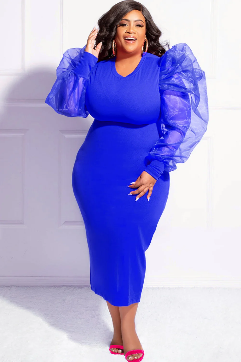 SOMO Plus Size Nightclub Fashion Sexy Patchwork Dress Gauze O-Neck Long Sleeve Summer Round Neck Dress Wholesale Dropshiping