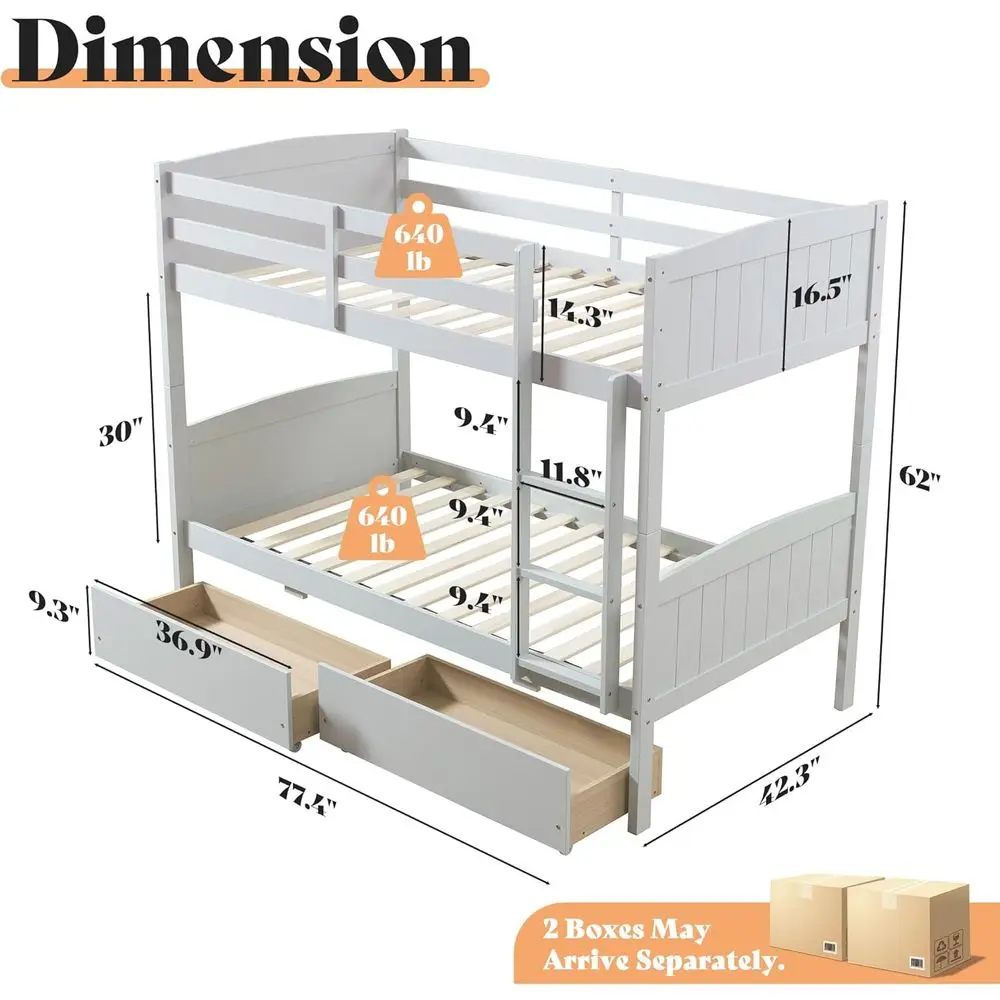 Twin Over Twin Bunk Bed with Storage, Solid Wood Convertible Loft Bed, Ladder Access, Suitable for Kids and Teens, Grey