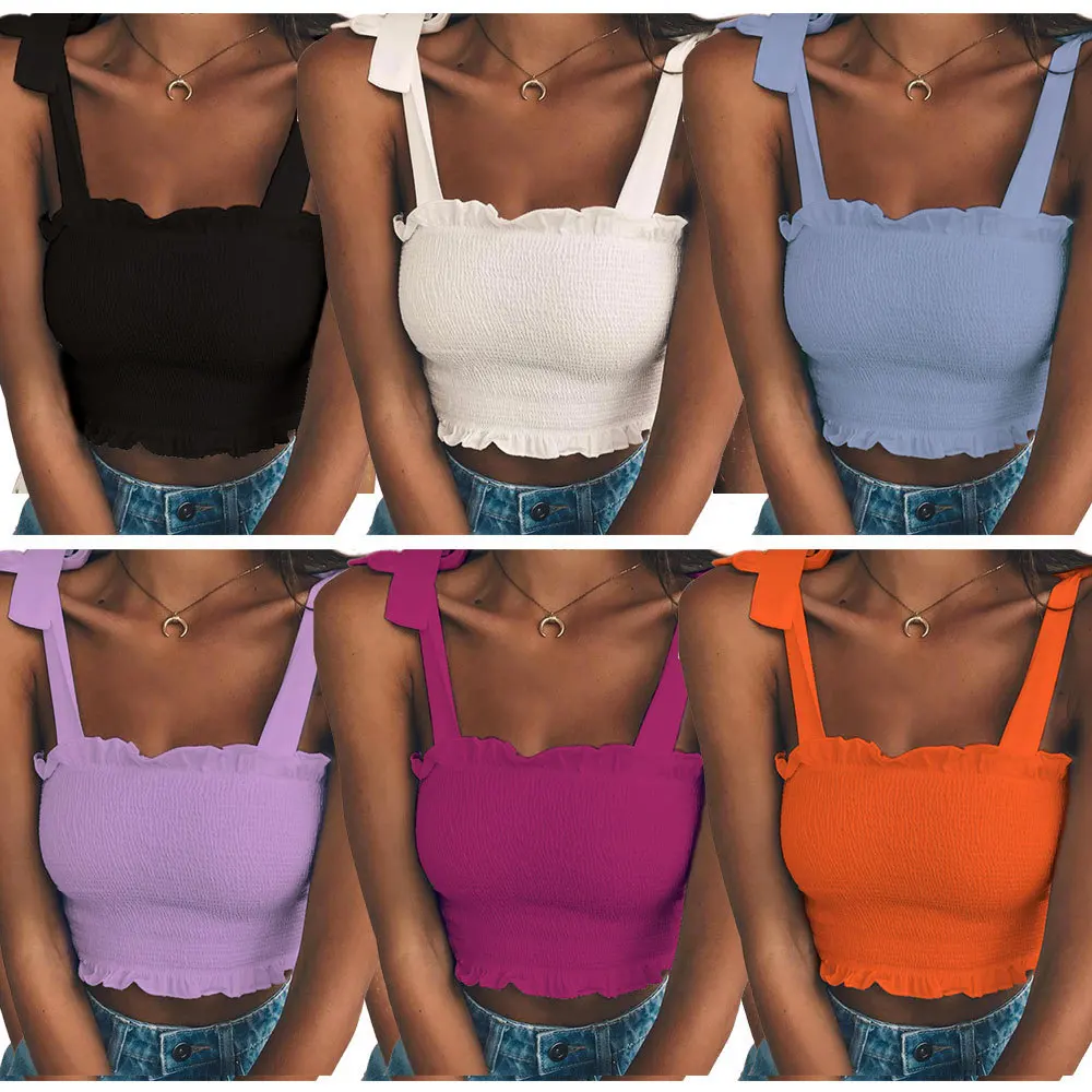 Sexy Tank Top Off Shoulder Strap Cor Sólida Dobras Halter Colheita Tops Mulheres Sem Mangas Colete Cropped Camisole Tubo Top Feminino