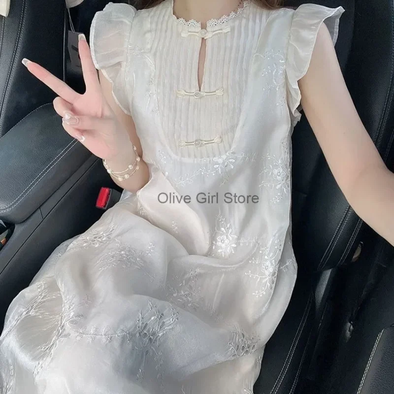 Chinese Dress Exquisite Jacquard Embroidered Dress Y2K Elegant Gentle Small Flying Sleeves Long Women Clothing Beach Streetwear