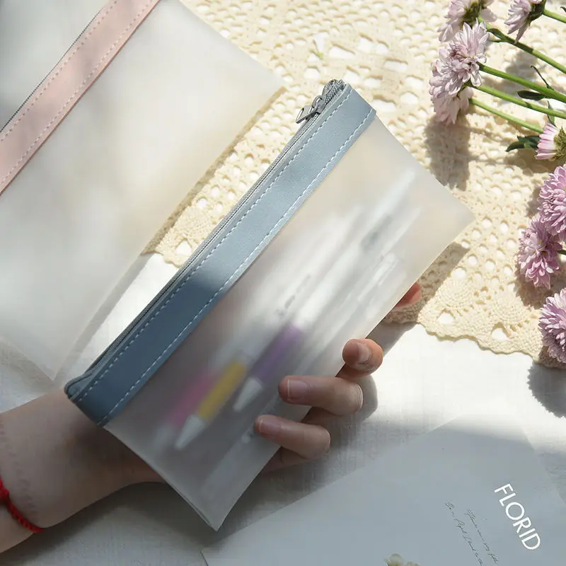 Simple Transparent TPU Leather Korean Fashion INS Pencil Bag Pouches Stationery Organizer Pencil Case Pencilcase School Pen Case