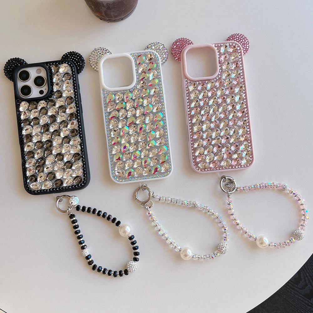 

Cute 3D Ears Bling Diamond Crystal Glitter Phone Case for IPhone 16 15 14 13 Pro Max 16 Plus Shockproof Stylish Back Case Cover