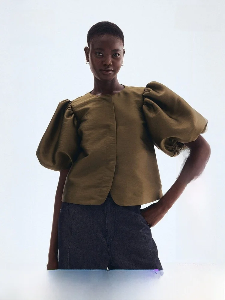 

Модная женская летняя рубашка с коротким рукавом-фонариком без воротника, элегантная, прямого кроя, в стиле H&M