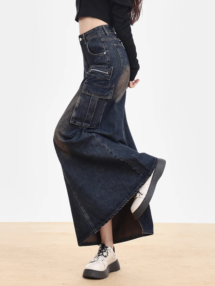 Women Denim Skirt Y2k Emo 2000s Clothes Long Skirt Harajuku Korean 90s Fashion Vintage Gradient A-line Jean Skirt Grunge Clothes