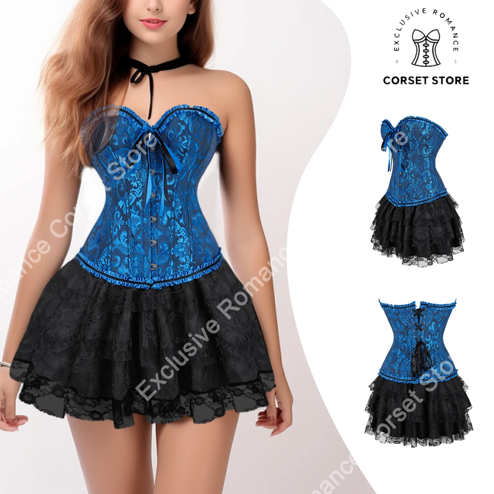 Corset Top with Skirt Overbust Corset Victorian Burlesque Costume Women Jacquard Strapless Corset with Dress Plus Size