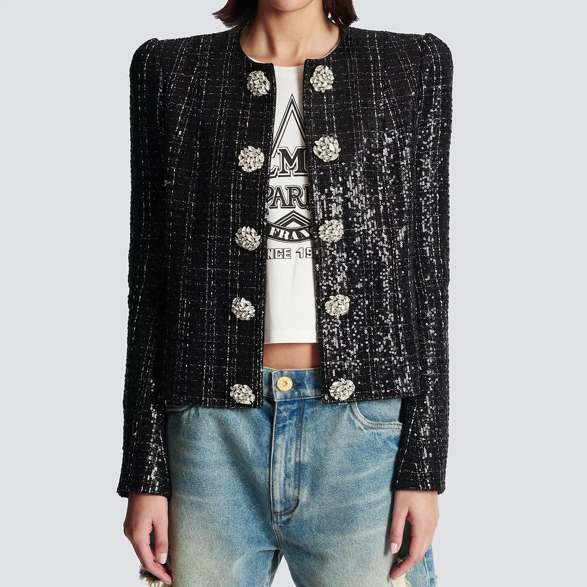 Lady Elegant Style Spring Fall Fine Workmanship Sequins Coat O-neck Long Sleeve Rhinestone Double-breasted Women Jacket