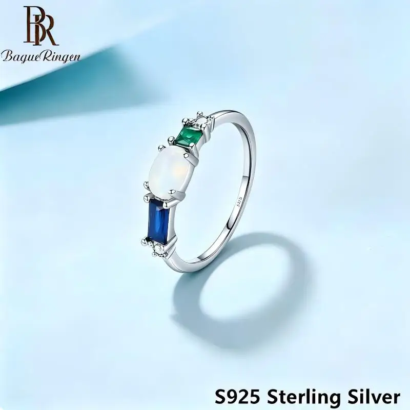 BR s925 Sterling Silver Elegant White Diamond-Encrusted Ring with White, Blue, and Green Features - A Great Gift for Girlfriend