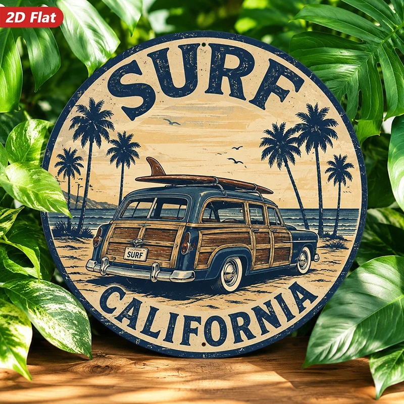 2D Flat, 1pc Vintage Surf Wagon Round Metal Sign Wall Art, Home Decor, Surf California Lettering, Woody Wagon with Surfboard, Id