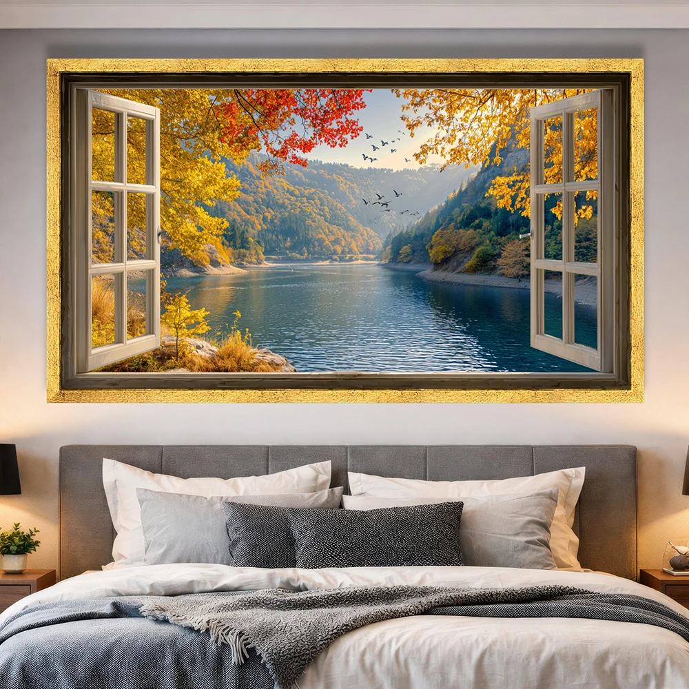 (1PC Unframe)No Frame Autumn view of the lake through open window canvas, autumn foliage wall art, picturesque natural landscape