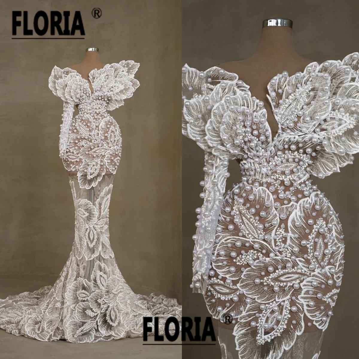 Elegante Dubai Mermaid Vestidos de noite formais, pérolas, apliques 3D, renda, marfim, vestidos de festa de casamento, vestido de baile