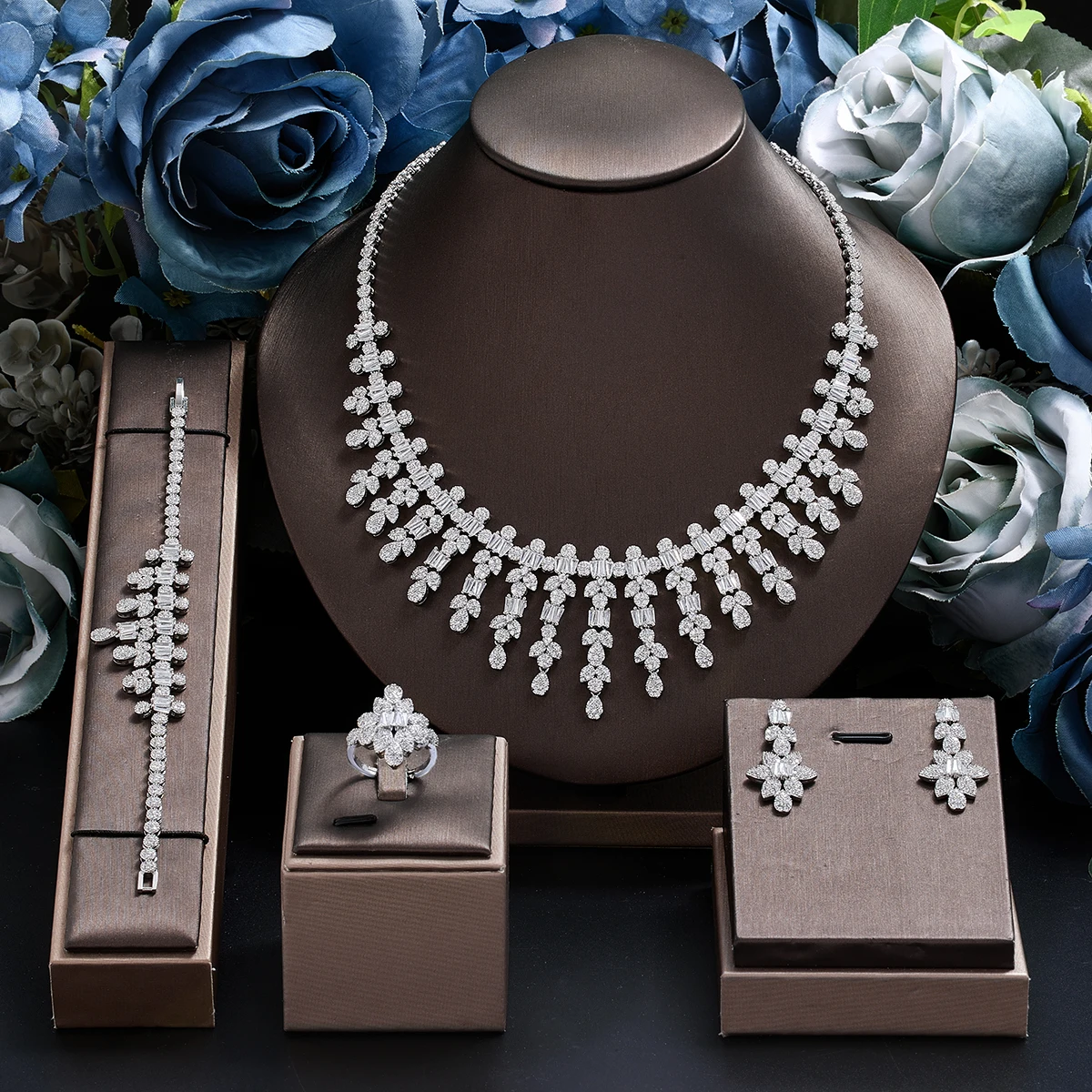 

Luxury Statement Jewelry Sets For Women Wedding Gift Cubic Zircon Indian African Dubai Bridal 4PCS Jewelry Set