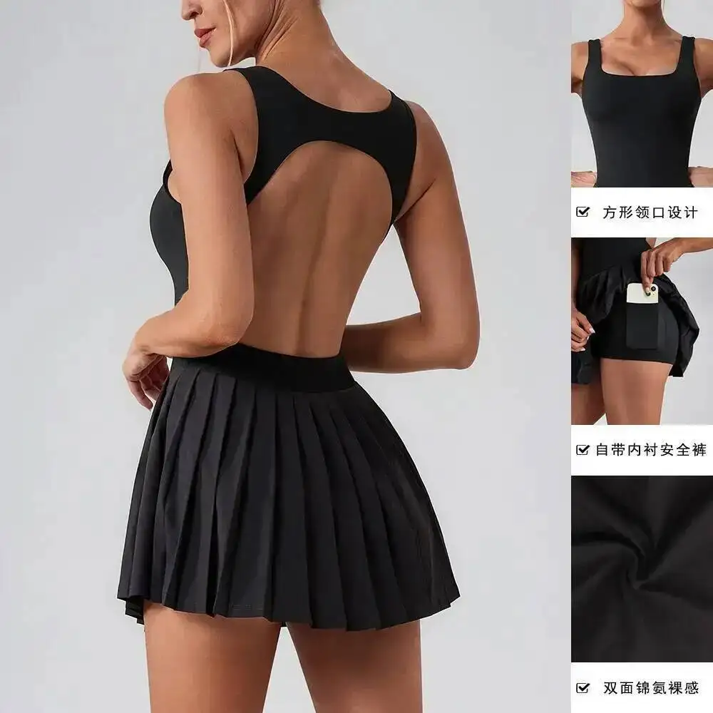 

Naked Fake Two Piece Tennis Dress With Chest Pads Shorts Soft High Stretchy Fiess Skorts Women Tummy Control Gym Yoga Skirts