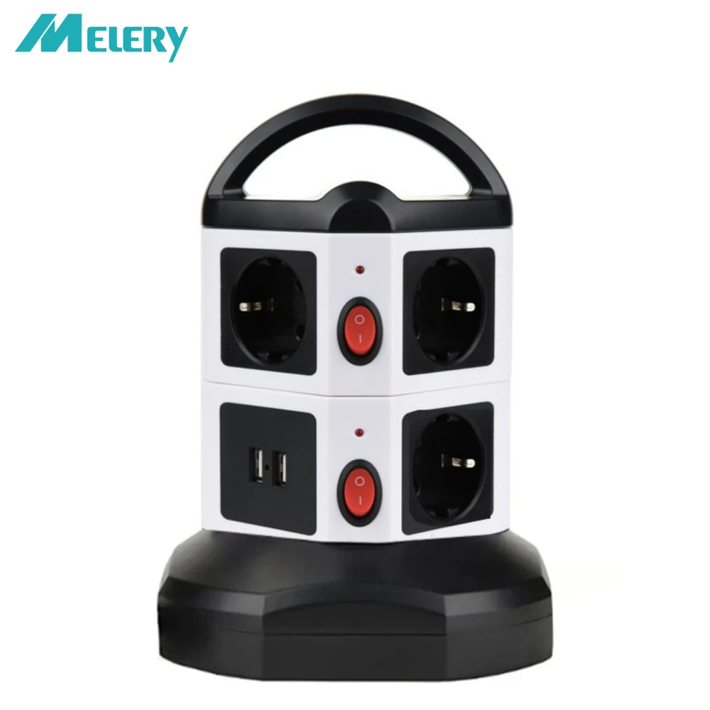 Melery Tower Power Strip Vertical Outlets EU Plug Sockets USB Ports Individually Switches 1.8m/6ft Retractable Extension Cord