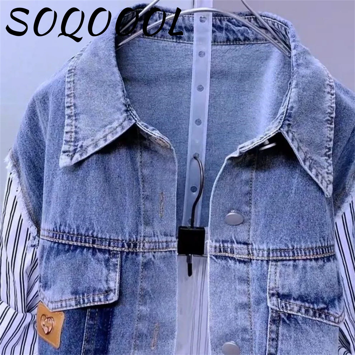 Fake Two Denim Shirts Women\'s Spring/Summer Korean Version Of Casual Western Style Joker Stitching Letter Striped Top Jackets