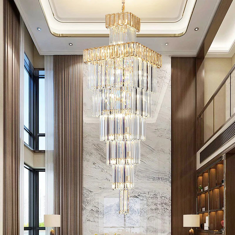 

Stair Large Crystal Chandelier Lighting Empire Hotel Villa Hall Hanging Lamp Luxury Gold Pendant Light