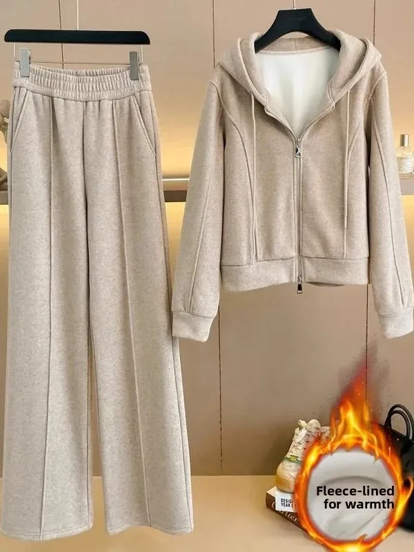 

2025 Autumn Winter plus Size Casual Sports Suit Slimming Fleece Hoodie Wide Leg Pants Two Piece Set High Waist Long Pants