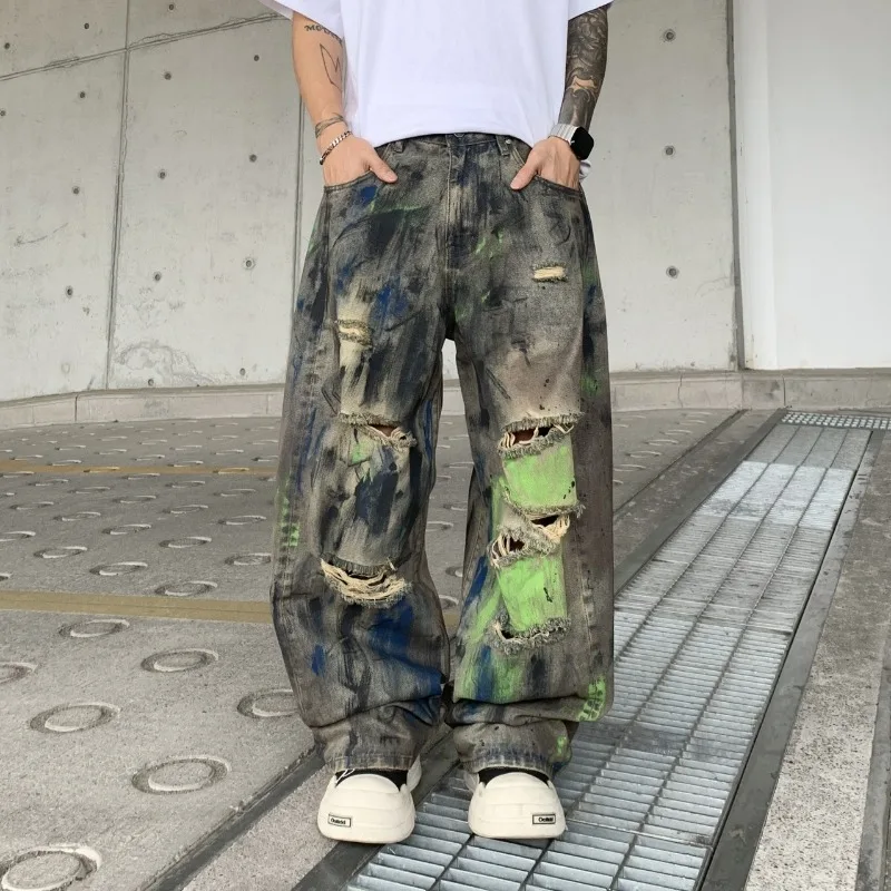 

KIDWHXR Man Denim Pant Streetwear Contrast Color Hole Male Harem Pant American Loose Washed Mid Waist Casual Men Trousers