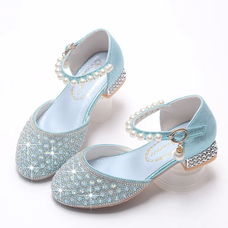 Girls Dress Shoes Children Crystal Pearl High Heels Mary Janes Wedding Party Glitter Princess Dress Shoes Fashion Kids Sandals