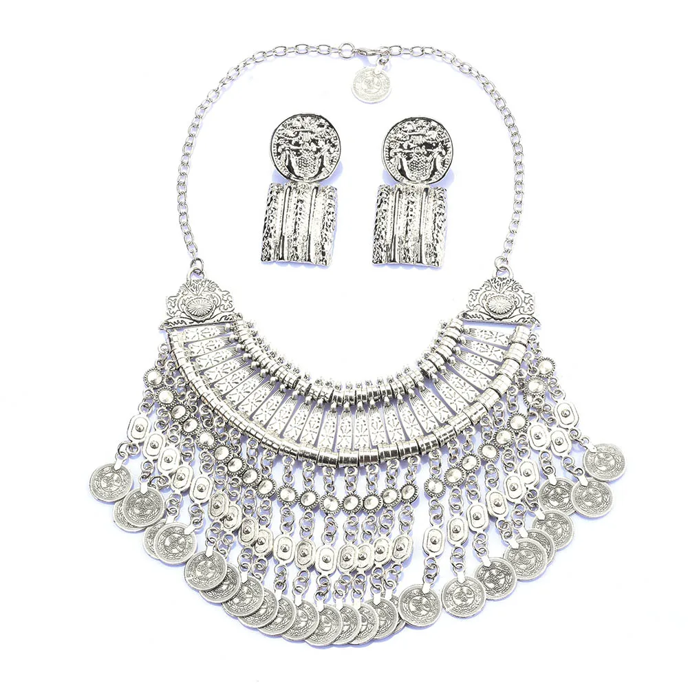 Indian Ethnic Vintage Coins Tassel Statement Necklace Women Jewelry Sets Boho Retro Metal Large Collar Choker Necklace Earrings