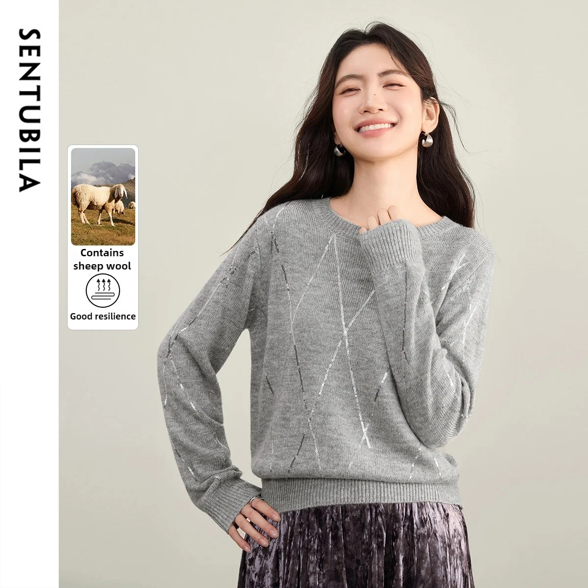 

SENTUBILA Argyle Knitted Sweaters for Woman 2025 Autumn Soft Commute Design Pullovers Versatile Loose Fit Women's Tops W53EE3847