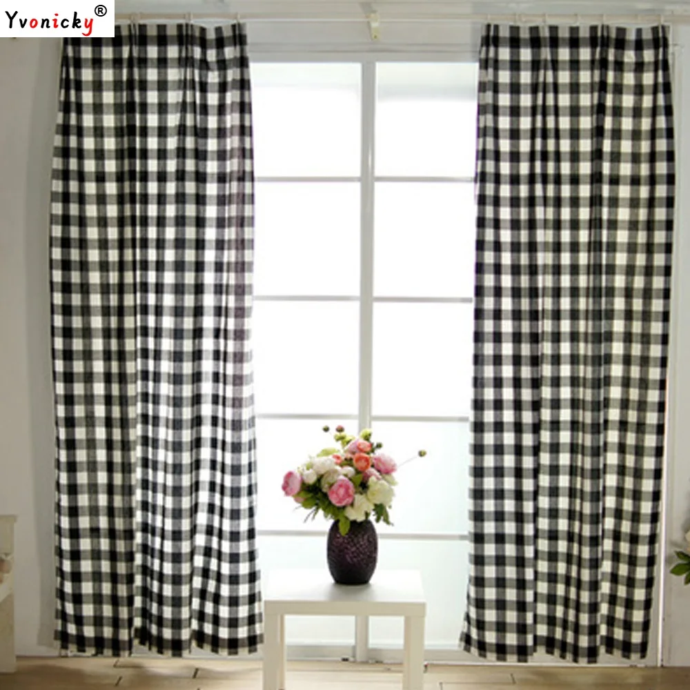 Classical style black and white grid cloth curtains semi shade plaid cloth curtains for bedroom and living room cotton fabric