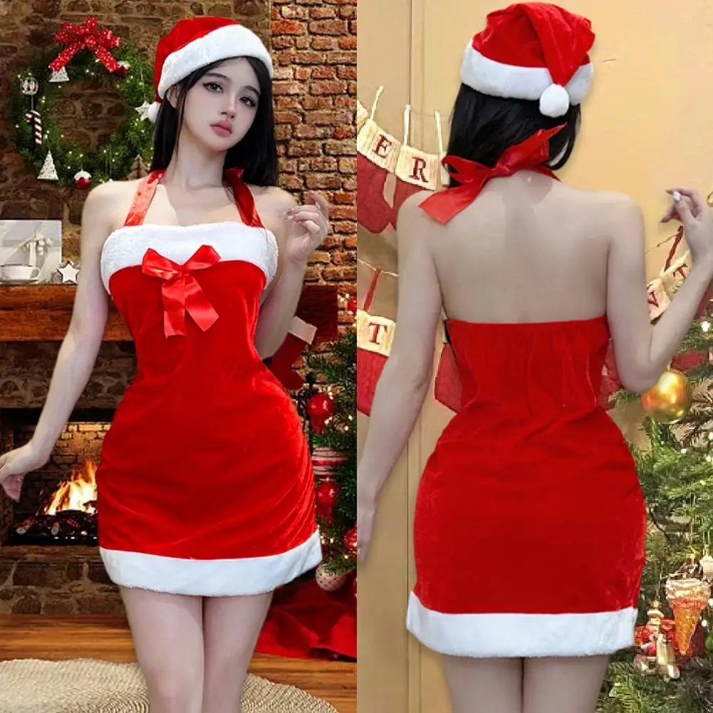 Sexy Naughty Cosplay Christmas Party Costume Strapless Velvet Satin Xmas Babydoll Short Dress Woman Santa Cute Role Play Outfit