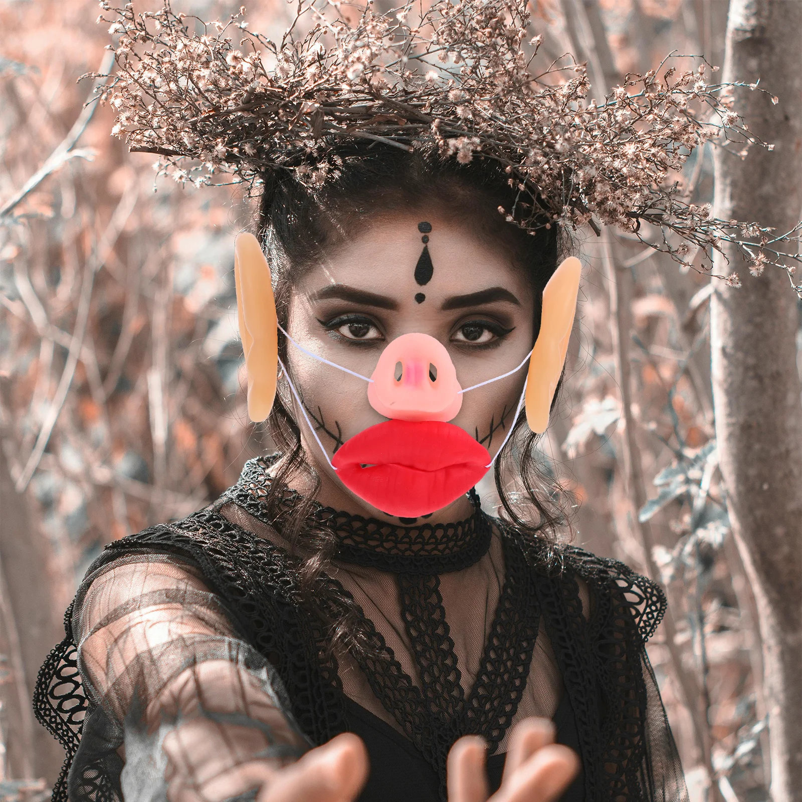 1-Set Halloween-Schwein-Kostüm-Zubehör-Set, realistisches weiches Latex, Schnauze, Nase, Ohren, Lippe für Erwachsene, universelle Passform, leicht