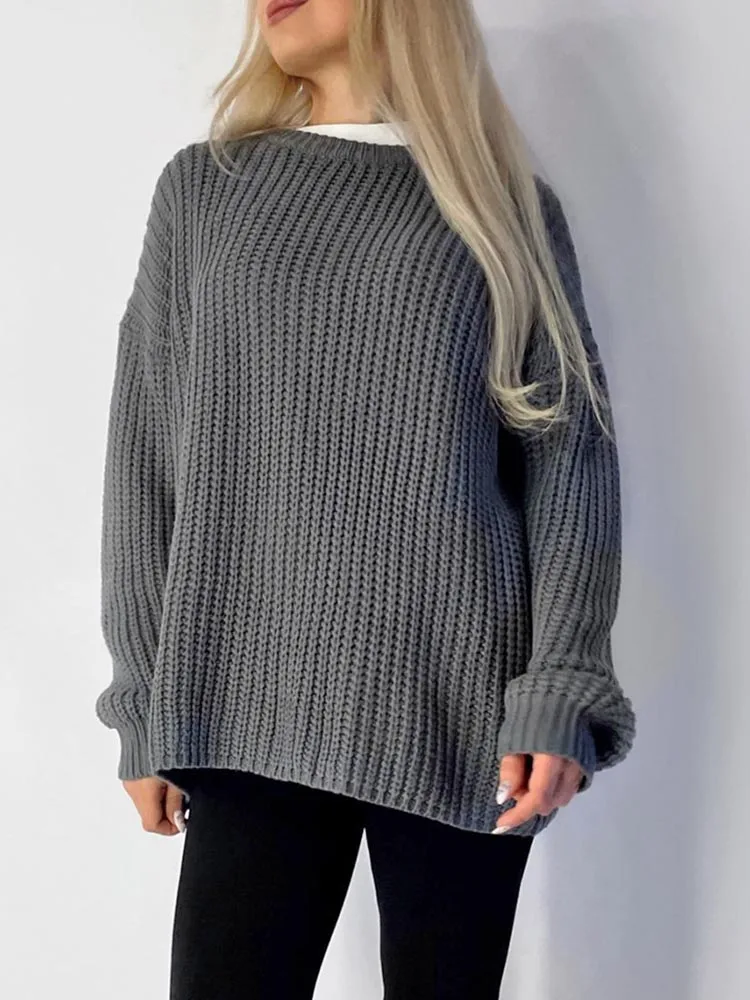 Msfancy Gray Knitted Pullovers Women 2022 Korean Fashion O-neck Oversized Jersey Mujer Long Sleeve Casual Tops