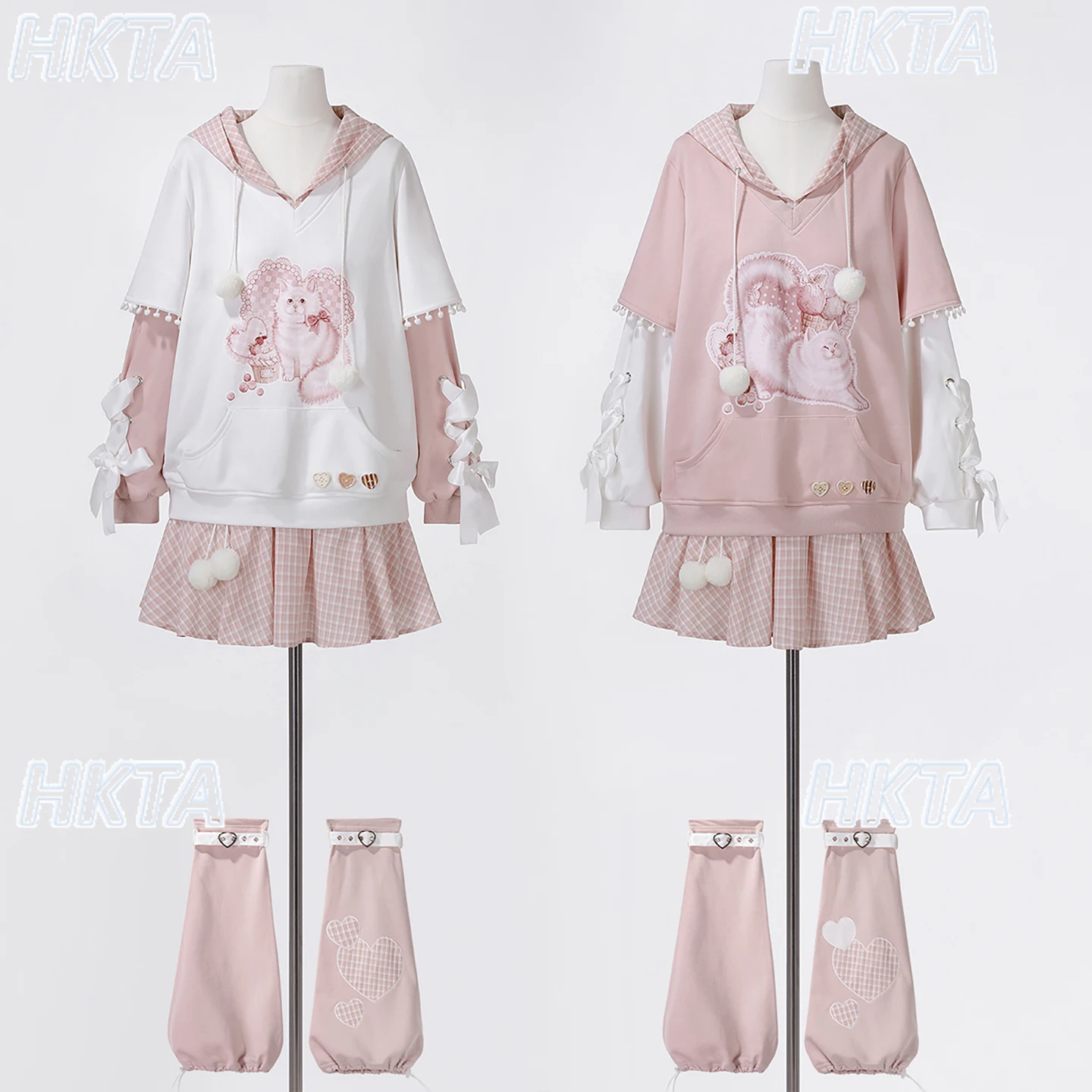 和風スイートキュートな刺繍入りラブストラップボウ付きルーズカジュアルチェック柄スウェットシャツコートAラインミニスカートセット女性用