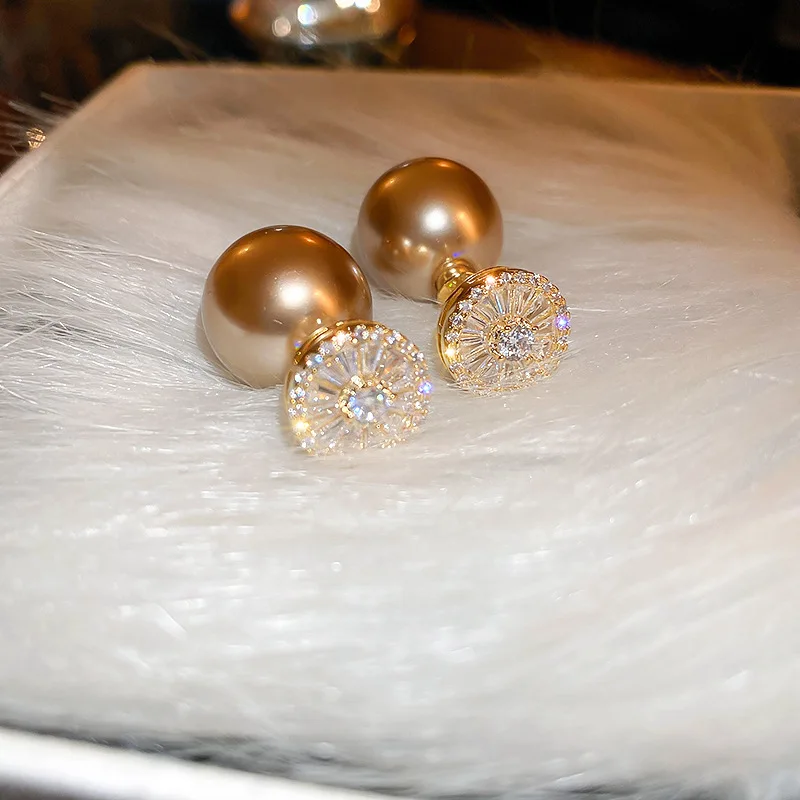 Luxury Double Sided Zircon Champagne Pearl Stud Earrings Delicate Simple New Jewelry Earings Bijoux