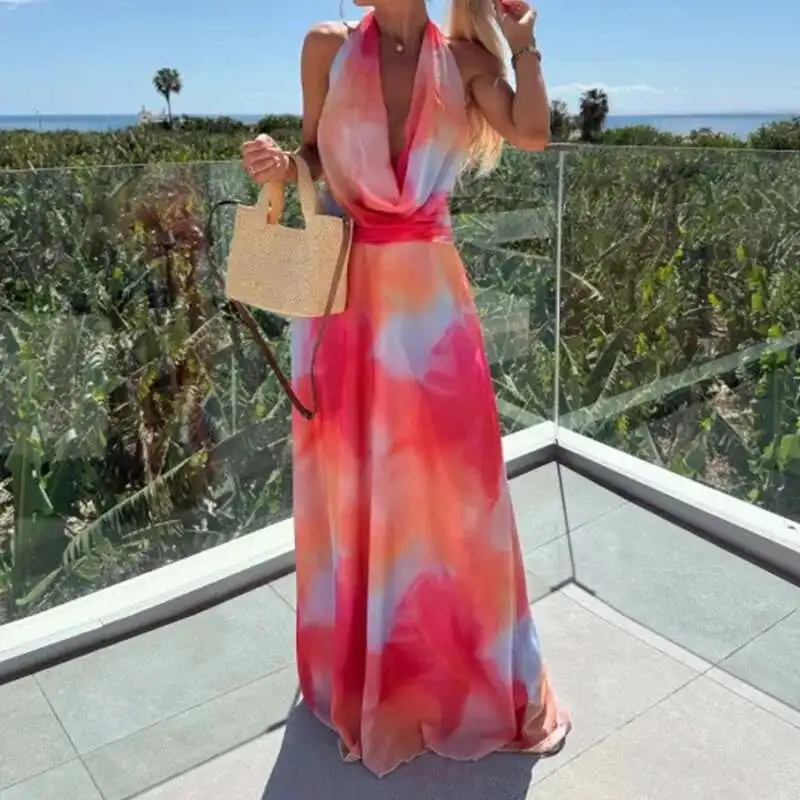 Female Sexy Halter Hollow Sleeveless Holiday Bohemian Lace Up Casual Beach Fashion Pattern Print Backless Long Dress