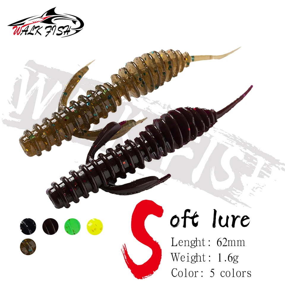 WALK FISH 12PCS 6.2cm/1.5g Soft Lures Silicone Plastic Larva Floating Swimbait Bass Carp Worm Baits Outdoor Fishing Accessories