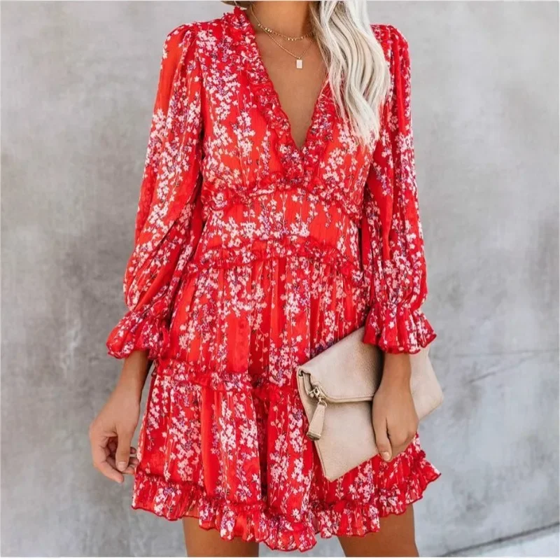 Sexy manga longa com decote em v chiffon férias espartilho em camadas plissado vestido elegante feminino floral impressão boêmio vestido de praia