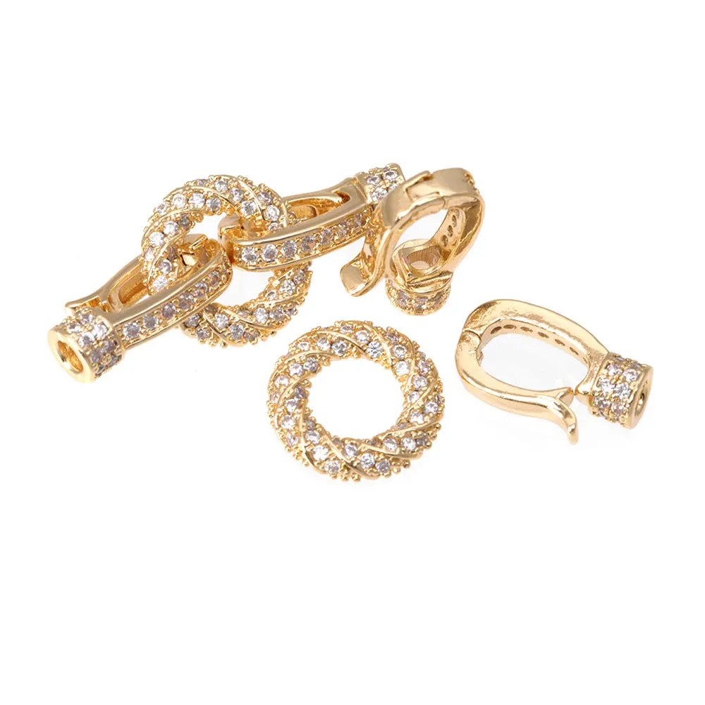 2 Sets 18K Gold Color Brass Zircon Round Connect Clasps for Leather Rope High Quality Diy Accessories Jewellery Making Materials