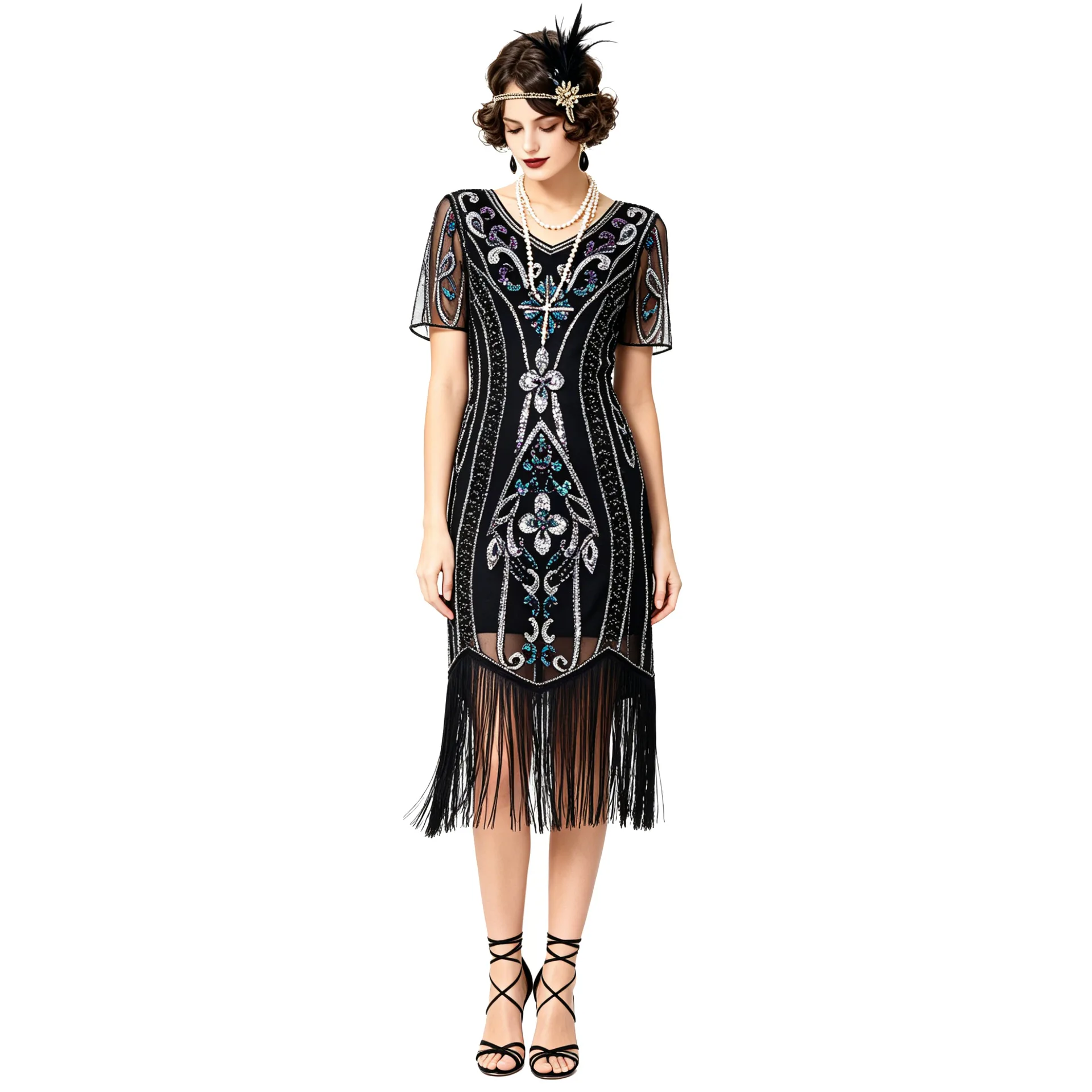 New 2026 Sequin Tassel Dress Vintage Party Evening Gown Festival Costume Women's Fashion Retro Style Holiday Dress