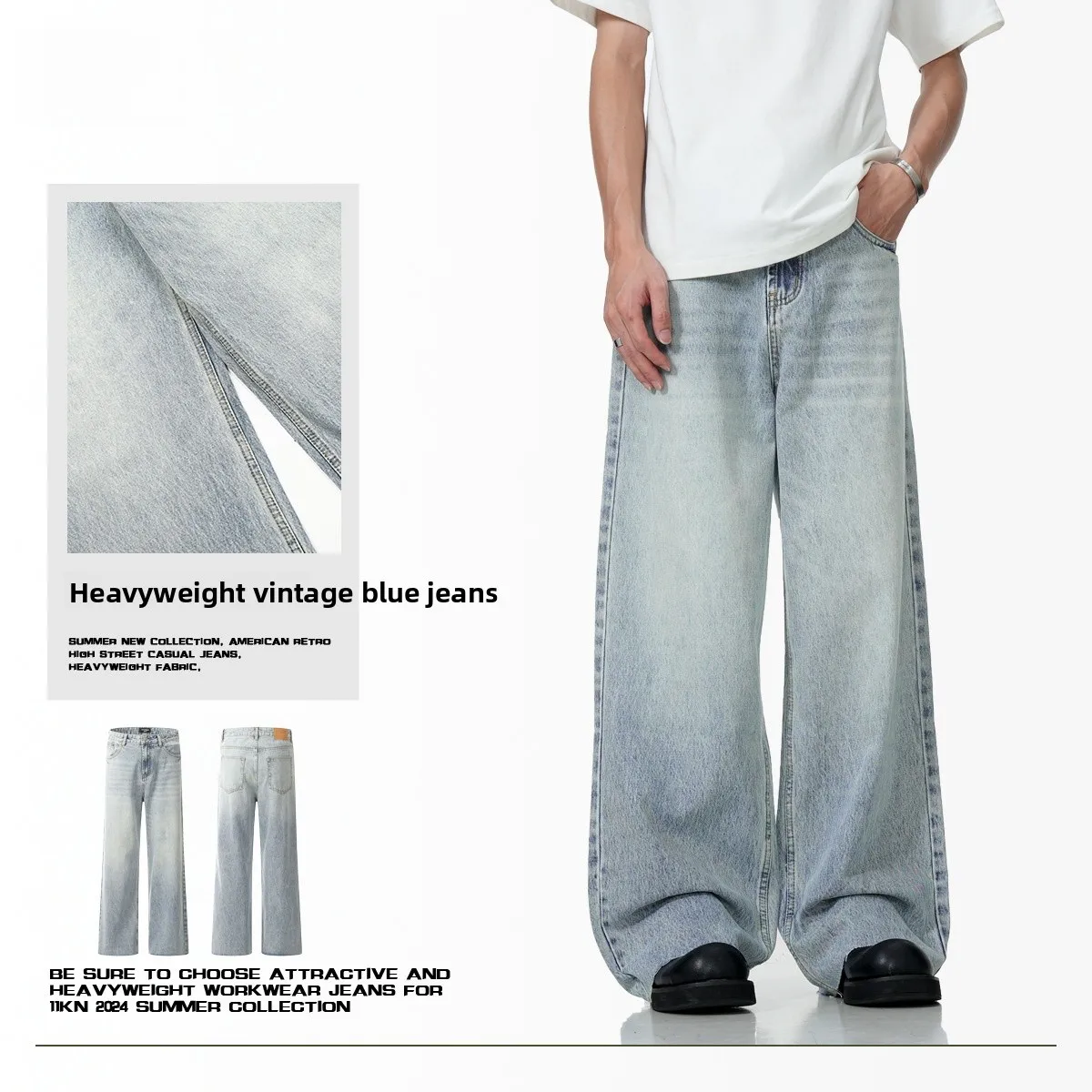 

Retro American Waed Simple Jeans Loose Trendy Long Pants for Men And Women Commuter Versatile Cotton Blend mid Waist Straig...