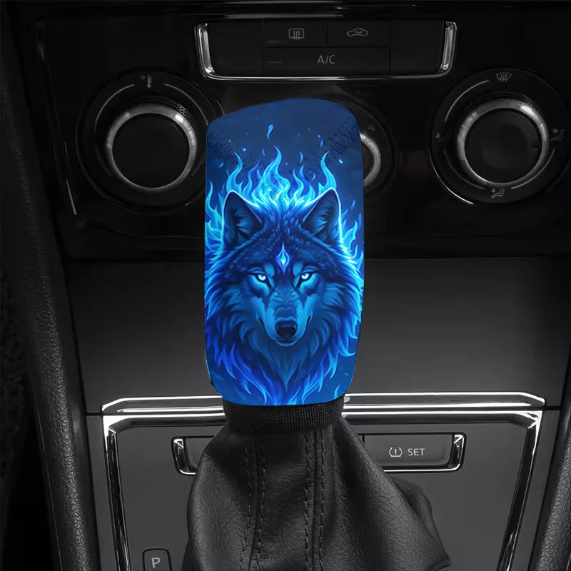 1pc, Flame Blue Wolf Printed Car Gear Shift Dust Cover, Suitable For Various Models, Personalized Car Gear Shift Cover, Printed