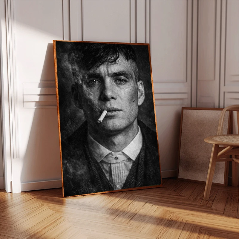 Black and White Gangster Legends Thomas Shelby Smoking Portrait Mafia Figure Poster Canvas Painting Wall Art Room Home Decor