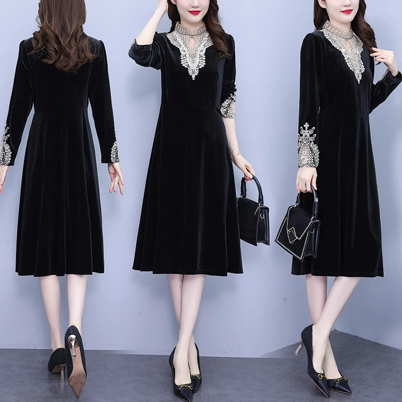 EHQAXIN 2023 Autumn Winter Women's Dress Fashion New Korean Vintage Embroidery Elegant Velvet Pullover Long Sleeve Dresses L-5XL