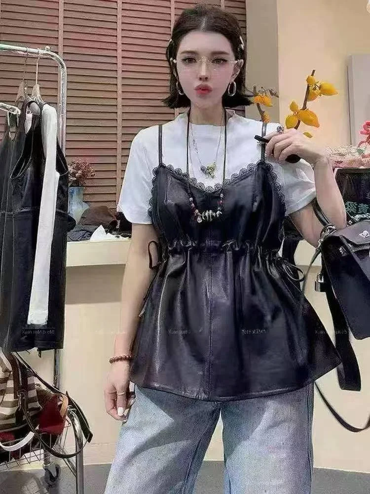 

2025 New Sle Women's Leather Svel Vest eepskin Slim Fit Versatile Top Faionable Commute Wind Splice Loose Fit