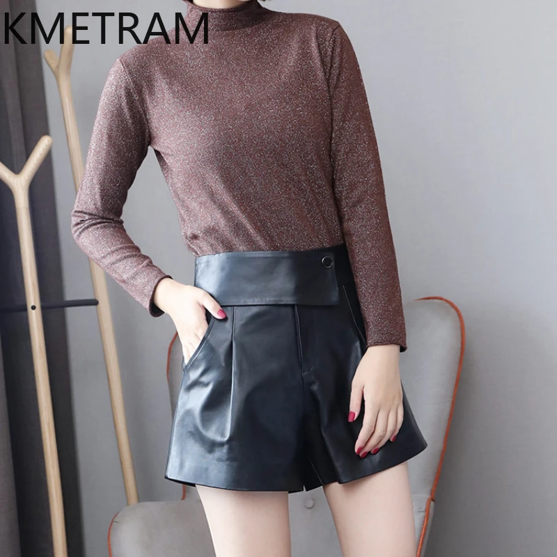 KMETRAM Genuine Leather Shorts Autumn Winter A-line Trousers High Waist Sheepskin Women Shorts Fashion 2024 Шорты Для Фитнеса