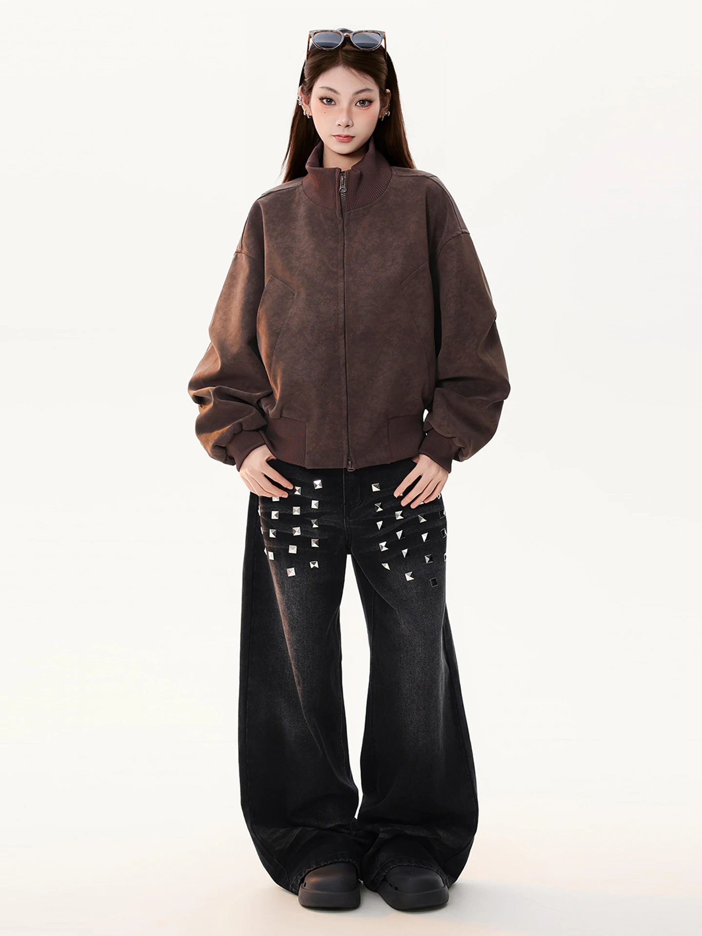 PBB American Street Sle Loose Dames Leren Jas Herfst Flight Couple's Jaet Polyester Fiber Straight Tube pe