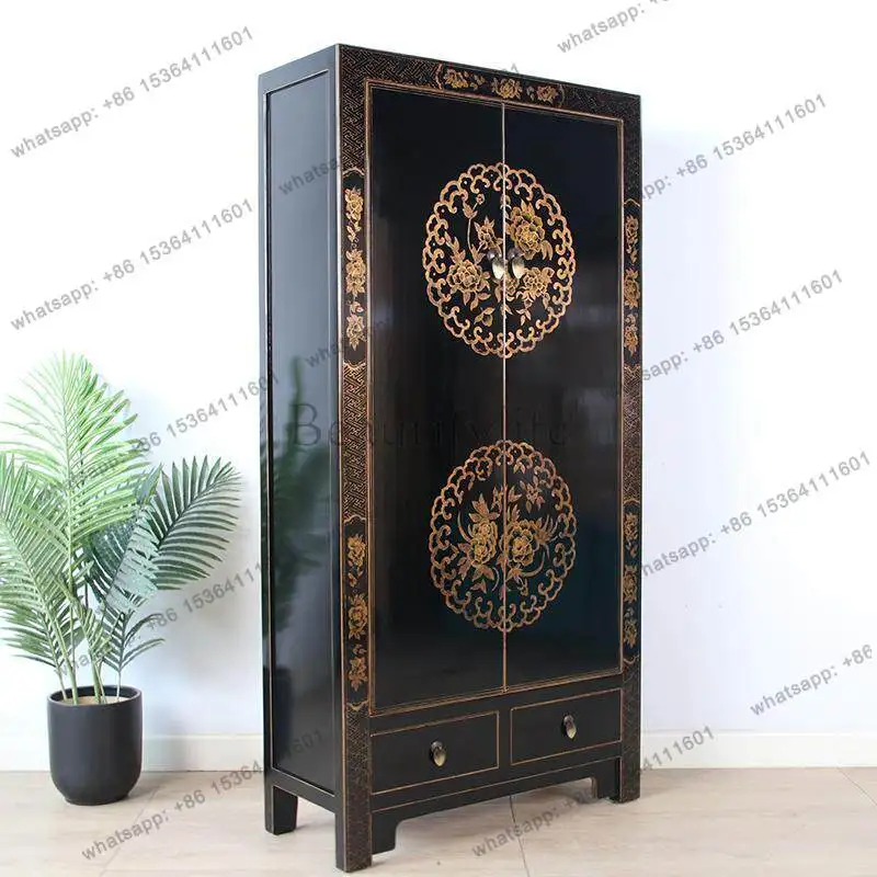 Medieval style bedroom wardrobe American retro solid wood double door two drawer high cabinet 2026 new