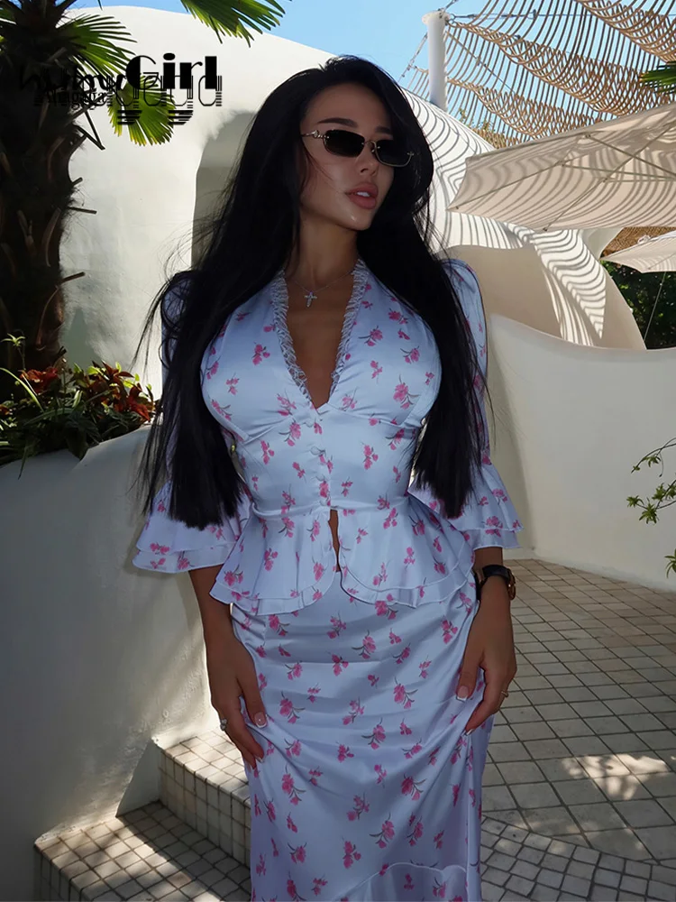 Ahagaga Sexy Slim Print 2 Pieces Set For Woman Fashion Flare Long Sleeve (Crop Top+ High Waist Long Skirt) Suits Female Clothing