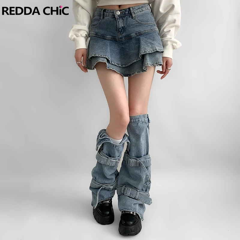 REDDACHiC Denim Blue Women Leg Warmers Belted Bulit-in Rubber Band Thigh Long Plain Asymmetric Boots Covers Retro Y2k Streetwear