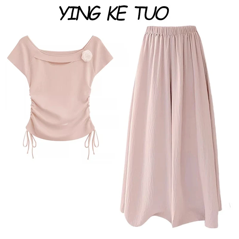

Waist-Cinching T-irt And Wide-Leg Skirt Set for Women Summer New Sle Drapey Feel Knot-Tied Top Bot Two-Piece Suit