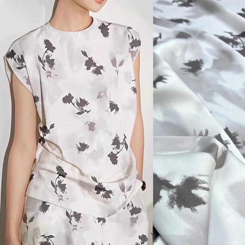 

Мягкая удобная блузка Cheongsam, шелковая ткань с серым принтом, ширина 140 см, эластичная летняя шелковая ткань R400