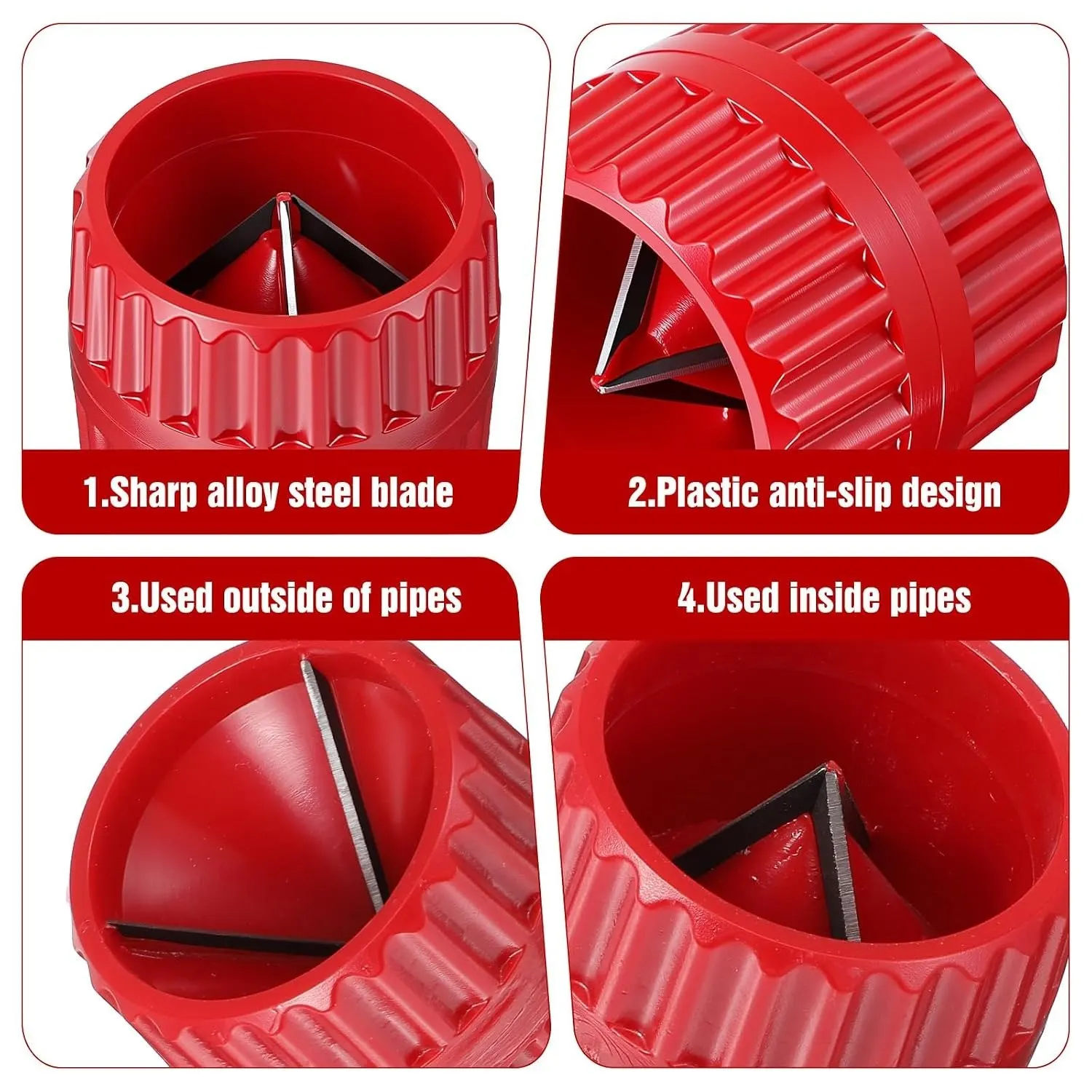 3 Stück 3,8 x 4 cm (1,5 x 1,6 Zoll) rote Innen- und Außenreibahle zur Entgratung von runden Rohren aus PVC, PPR, Kupfer, Messing und Aluminium. – Detail 2