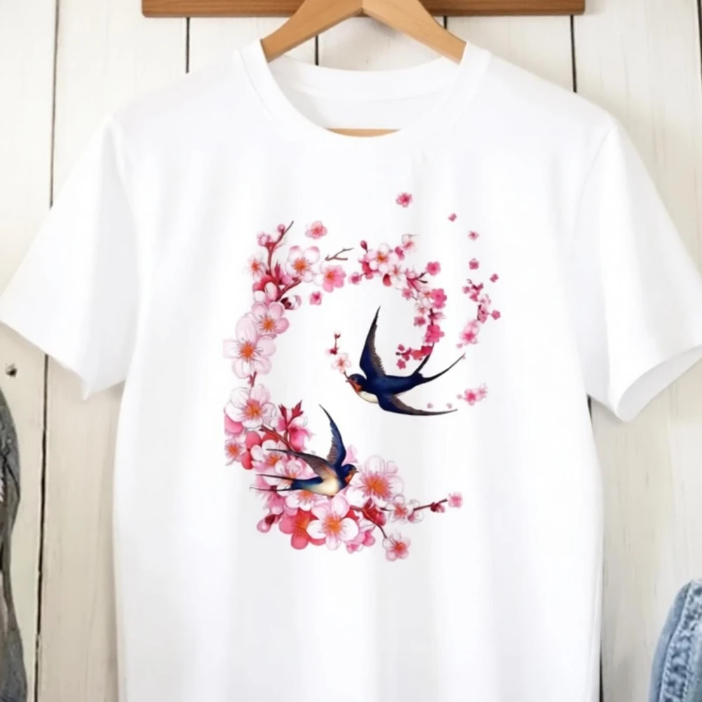 Sakura Graphic Women's Casual White Cherry Blossom Swallow Print Tee Round Neck Short Sleeve Four Seasons Comfortable Women Tee